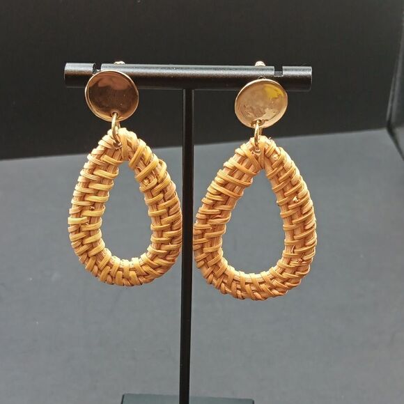 New Ratten Straw Wicker Braid Drop Dangle Statement Earrings - Picture 3 of 5